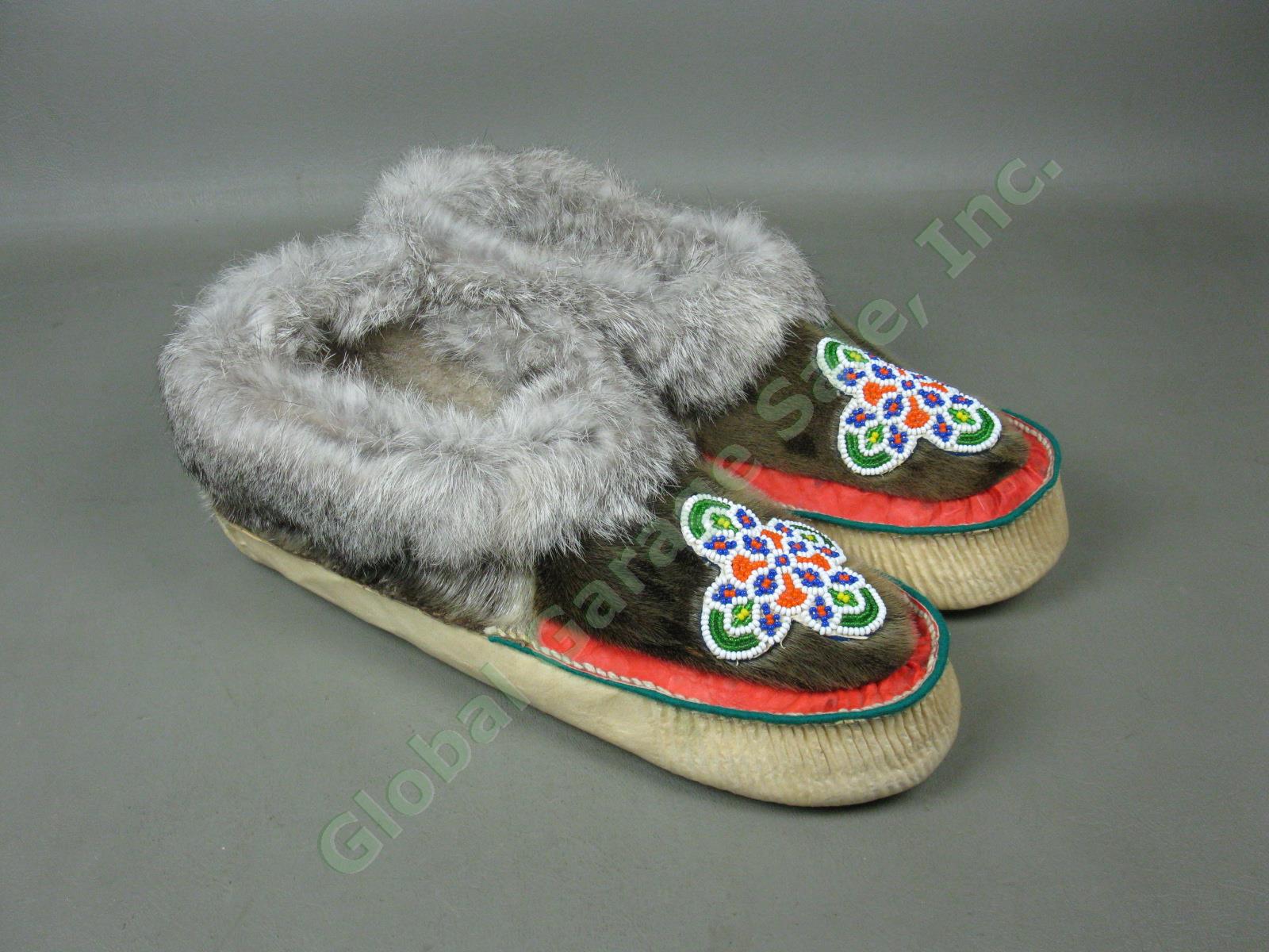 NOS Vtg Eskimo Indian Hand Beaded Alaska Seal Skin Fur Moccasin Slippers 12" NR! 1
