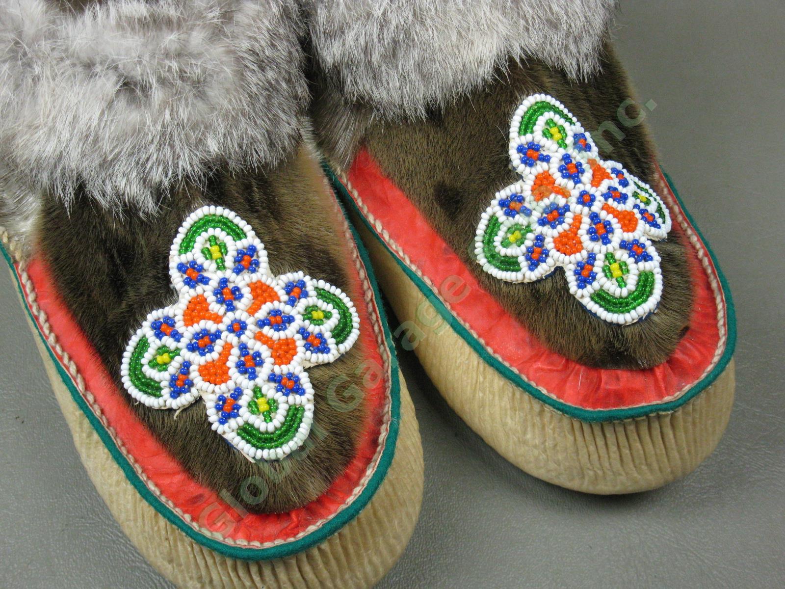 NOS Vtg Eskimo Indian Hand Beaded Alaska Seal Skin Fur Moccasin Slippers 12" NR! 2
