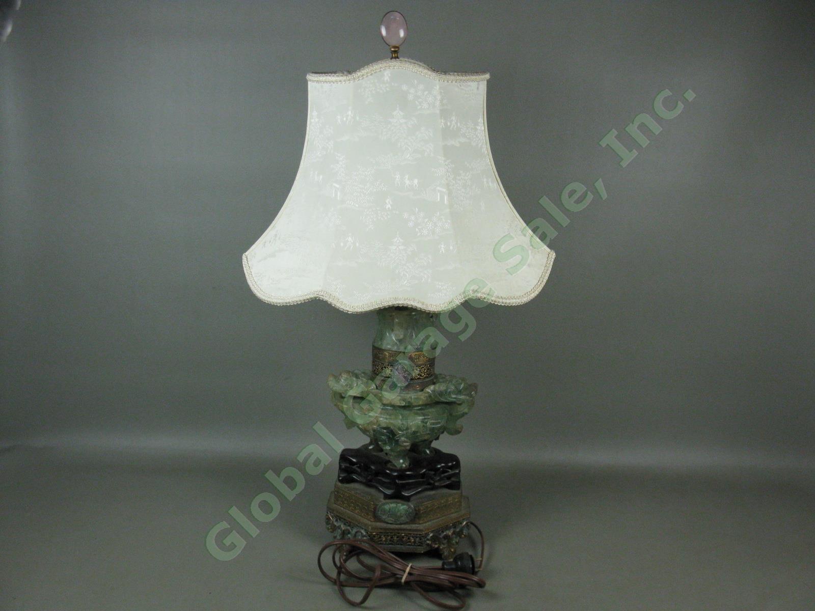 26" Vtg Antique Asian Green Jade Dragon Lamp W/ Pink Finial + Silk Shade Chinese 1