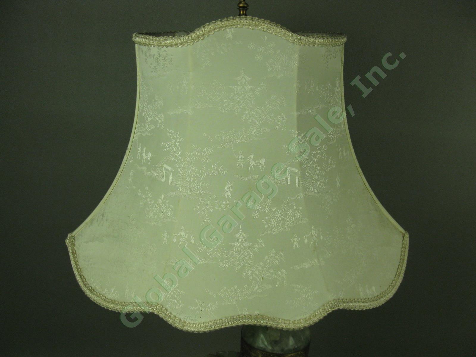 26" Vtg Antique Asian Green Jade Dragon Lamp W/ Pink Finial + Silk Shade Chinese 3