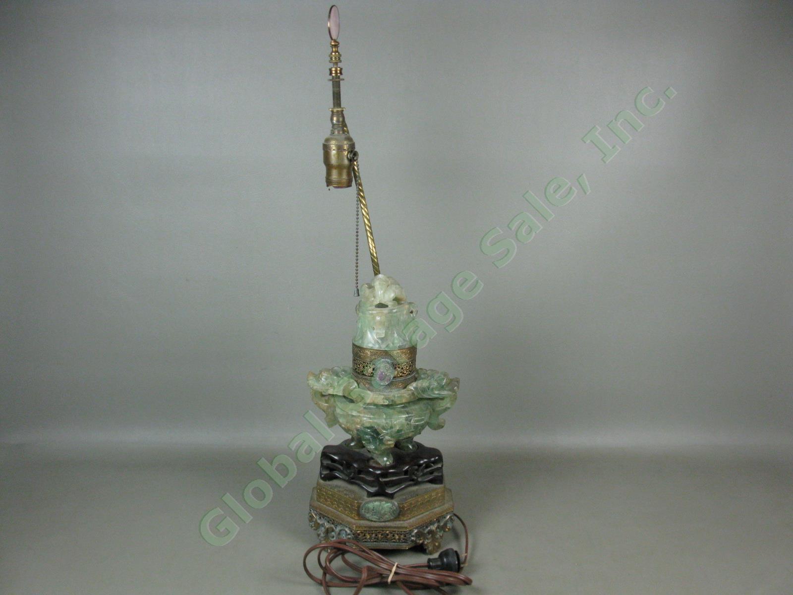 26" Vtg Antique Asian Green Jade Dragon Lamp W/ Pink Finial + Silk Shade Chinese 4