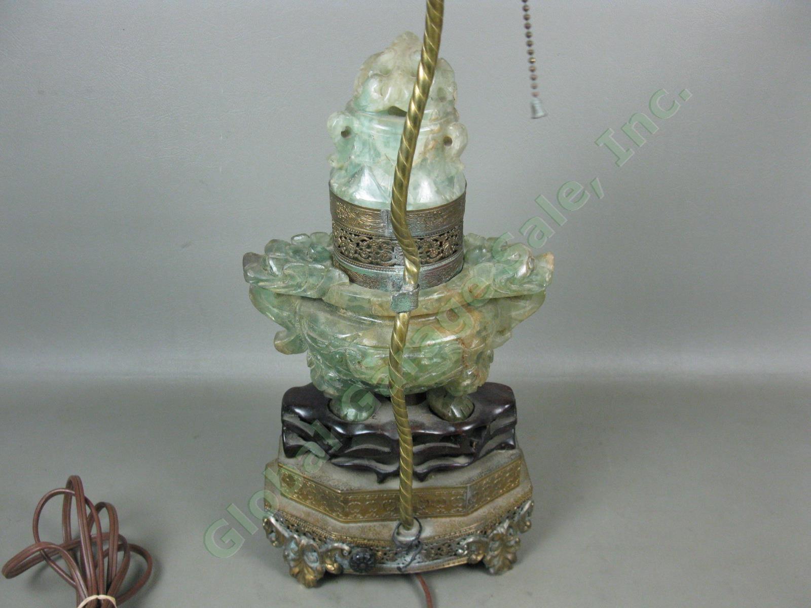 26" Vtg Antique Asian Green Jade Dragon Lamp W/ Pink Finial + Silk Shade Chinese 8