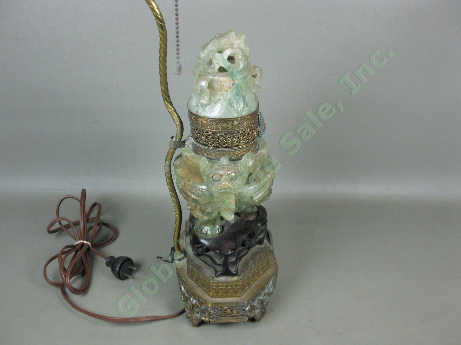 26" Vtg Antique Asian Green Jade Dragon Lamp W/ Pink Finial + Silk Shade Chinese 9