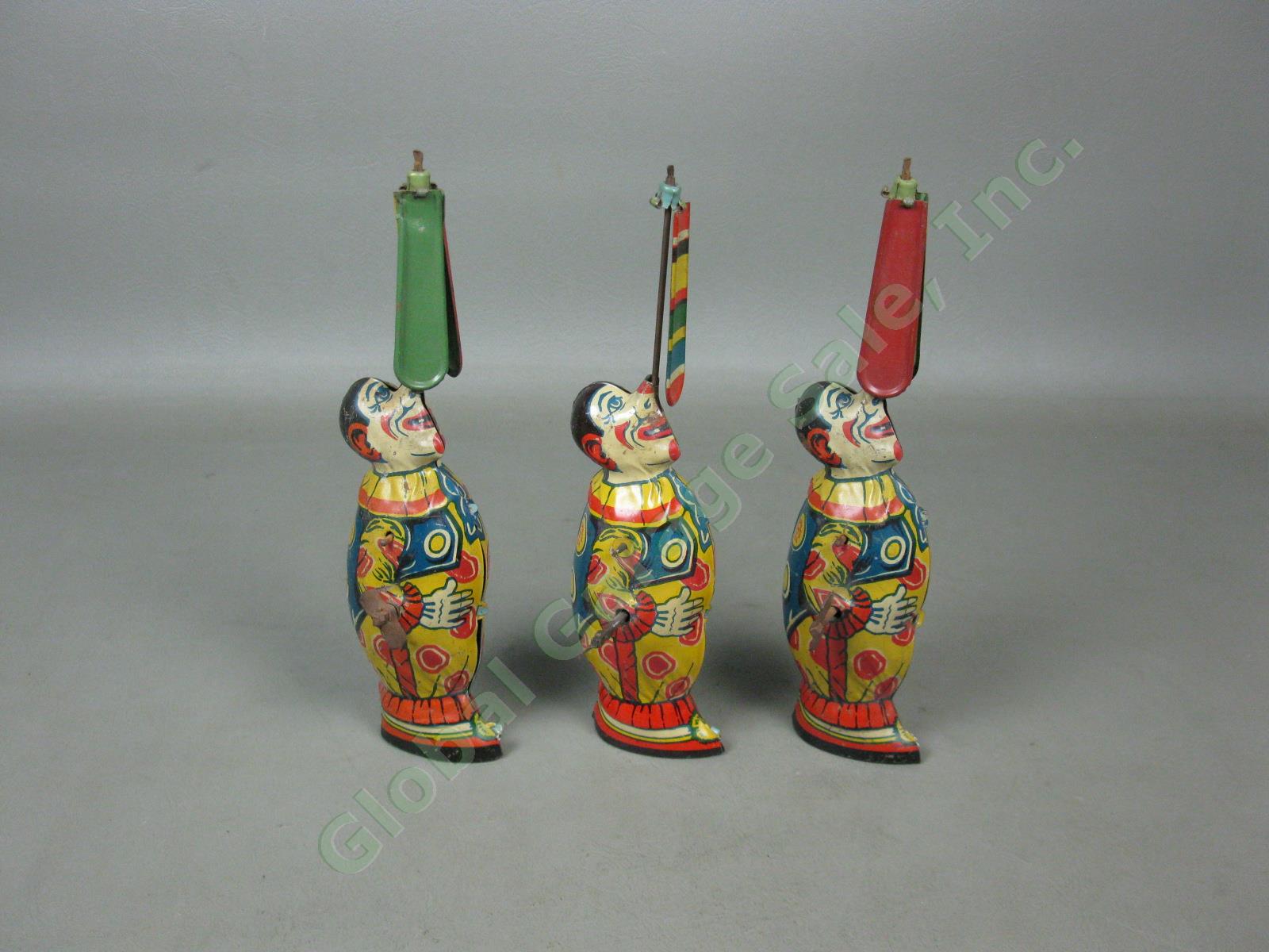 3 Vtg Antique J Chein Wind-Up Tin Litho Toy Clowns Twirling Blade Propellers Lot