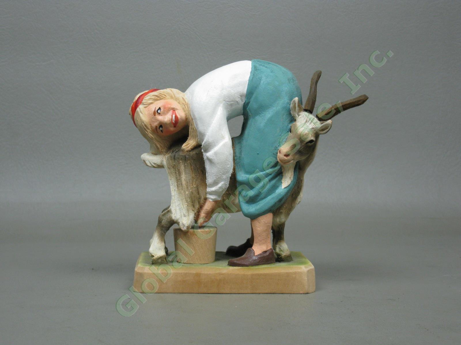 Vtg Henning Hand Carved Wood Wooden Milkmaid Girl Milking Goat Figurine Norway