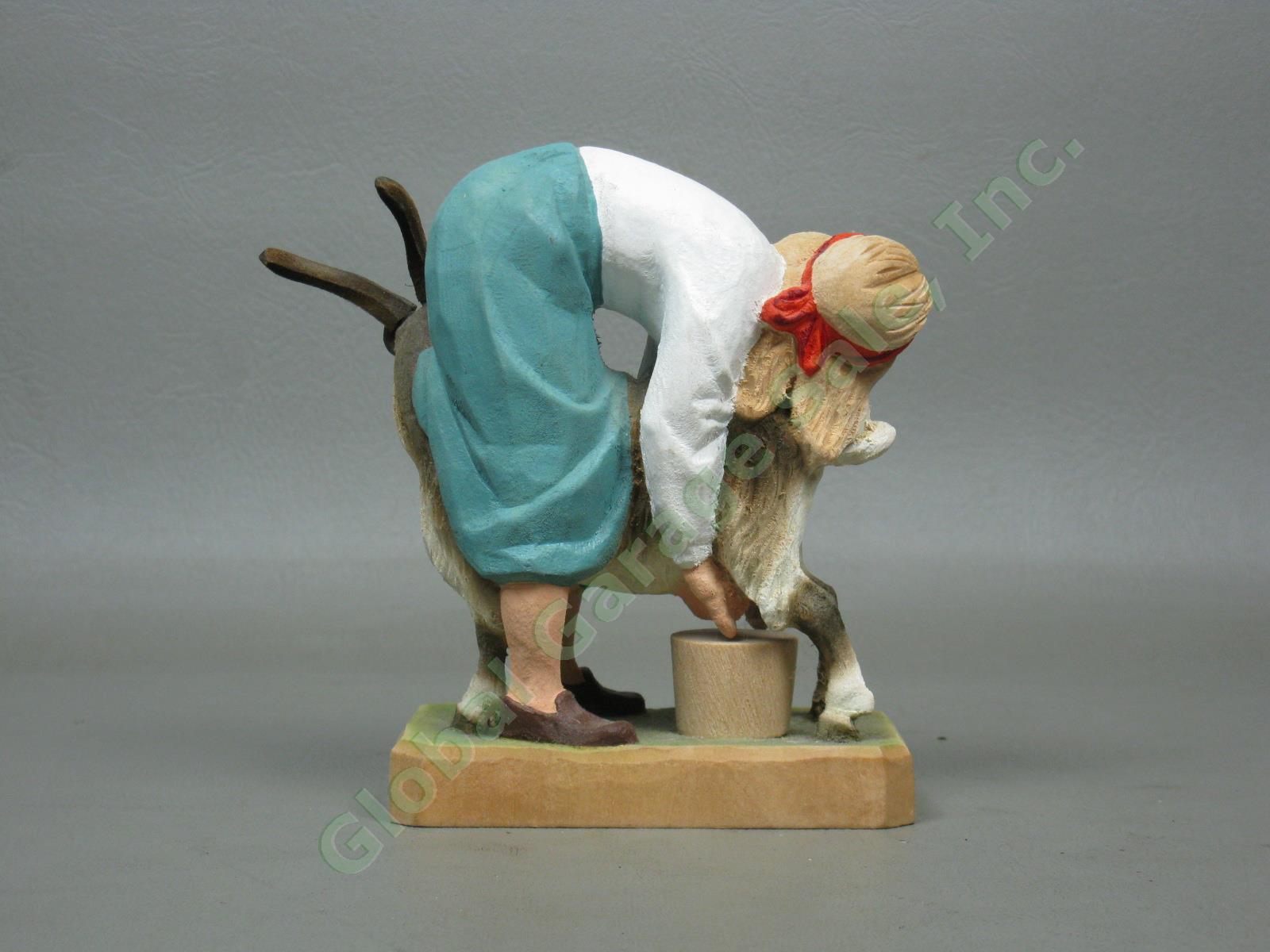 Vtg Henning Hand Carved Wood Wooden Milkmaid Girl Milking Goat Figurine Norway 2