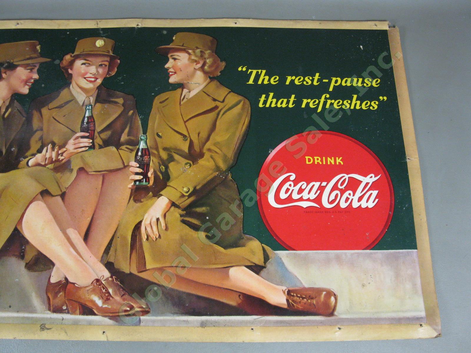 Vtg 1943 Drink Coca Cola Cardboard Litho Sign Advertising Poster 20x36 WWII Era 1
