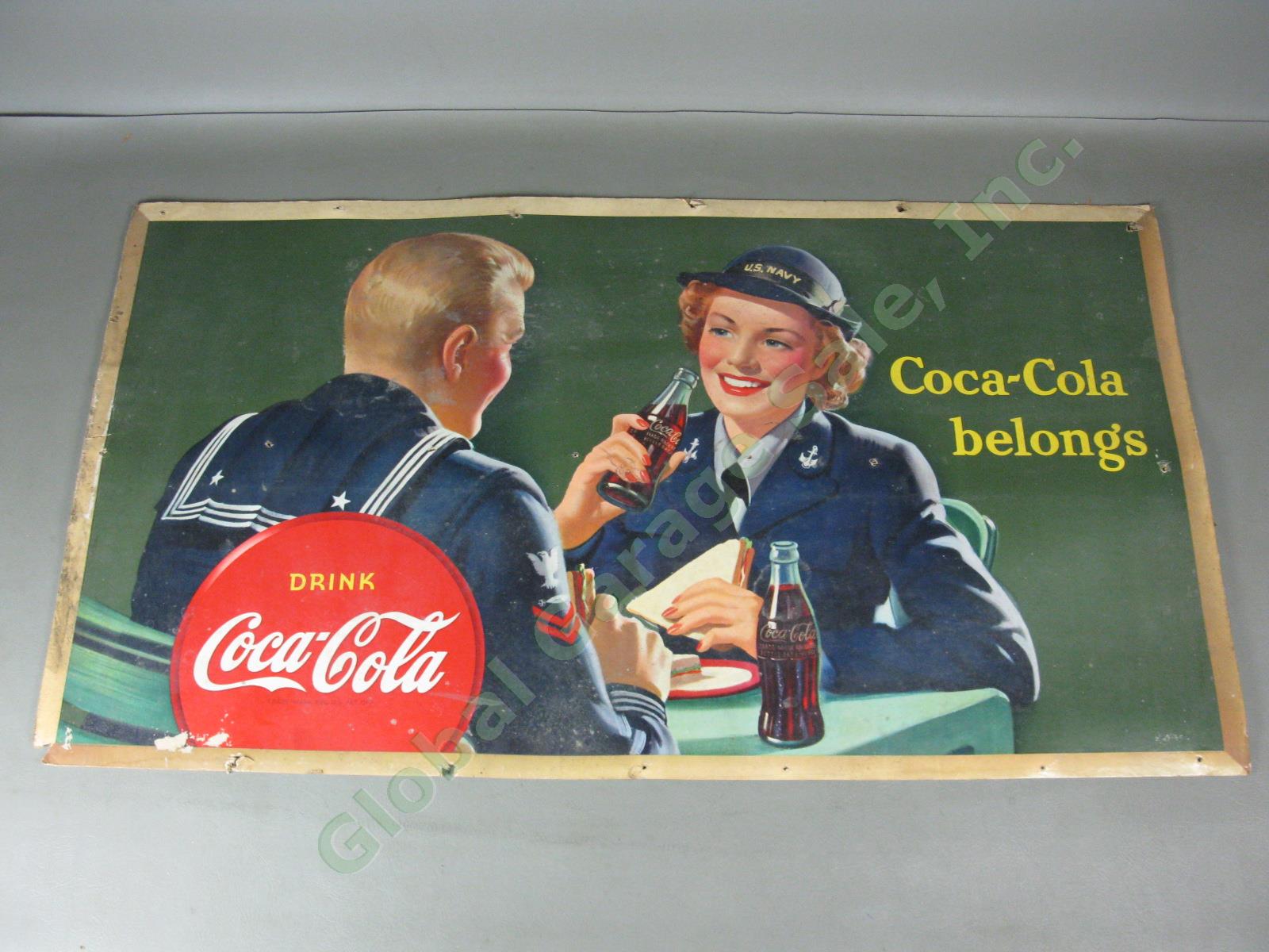 Vtg 1943 Drink Coca Cola Belongs US Navy Cardboard Litho Store Sign Poster 20x36