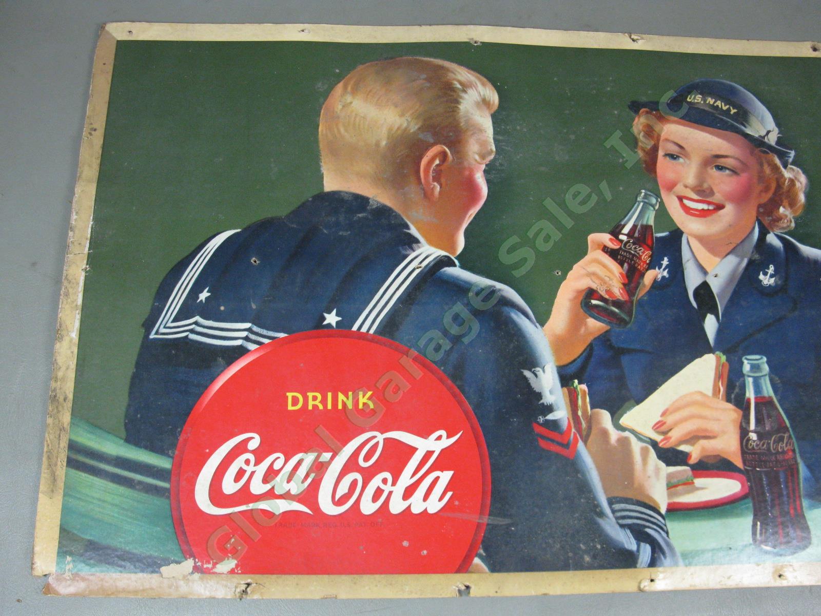Vtg 1943 Drink Coca Cola Belongs US Navy Cardboard Litho Store Sign Poster 20x36 1