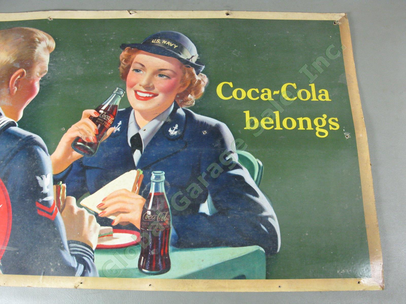 Vtg 1943 Drink Coca Cola Belongs US Navy Cardboard Litho Store Sign Poster 20x36 2