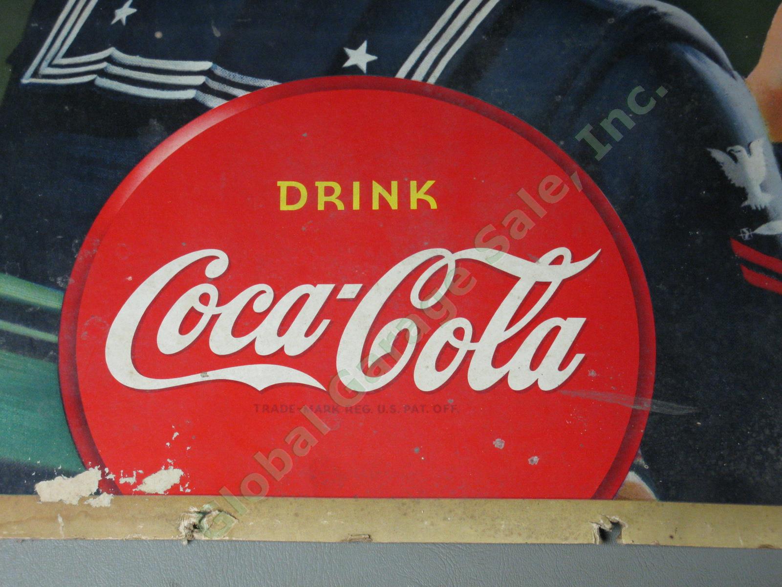 Vtg 1943 Drink Coca Cola Belongs US Navy Cardboard Litho Store Sign Poster 20x36 3