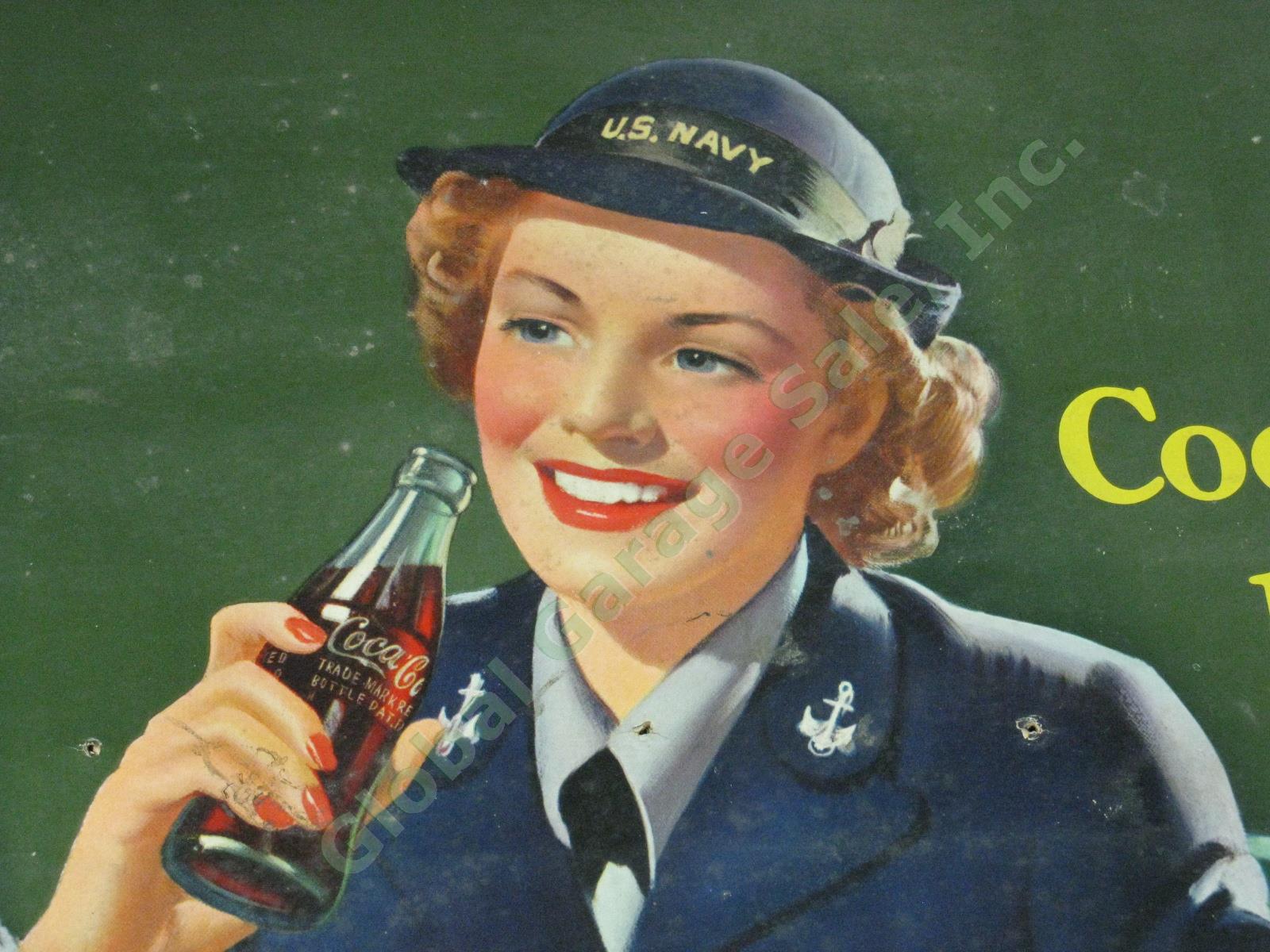 Vtg 1943 Drink Coca Cola Belongs US Navy Cardboard Litho Store Sign Poster 20x36 4