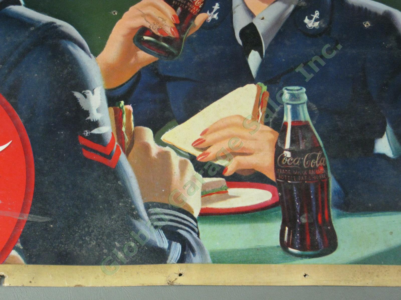 Vtg 1943 Drink Coca Cola Belongs US Navy Cardboard Litho Store Sign Poster 20x36 5