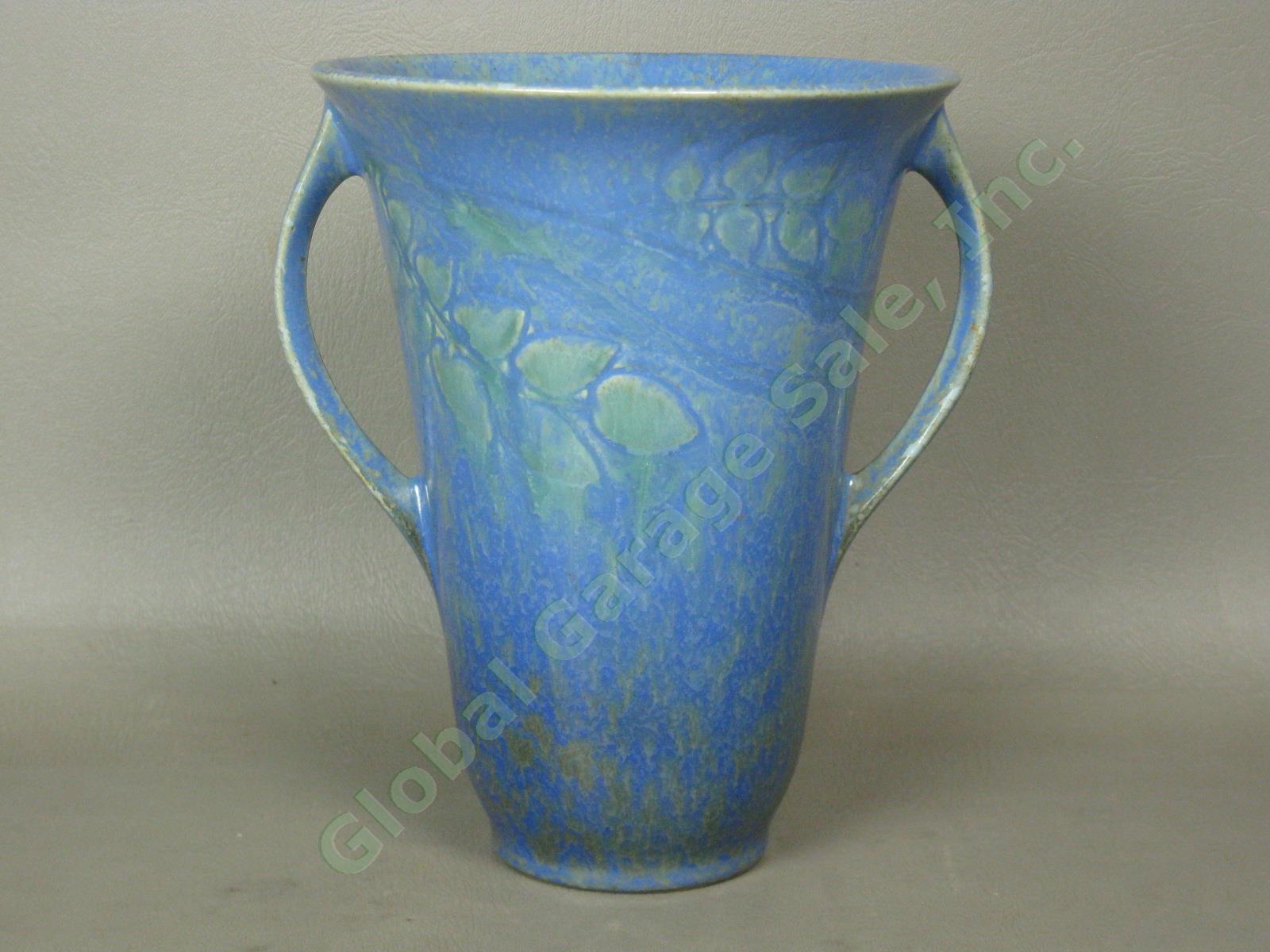 Vintage 1920s-1930s Roseville Pottery Mottled Blue Green Vase Paper Label NO RES 2