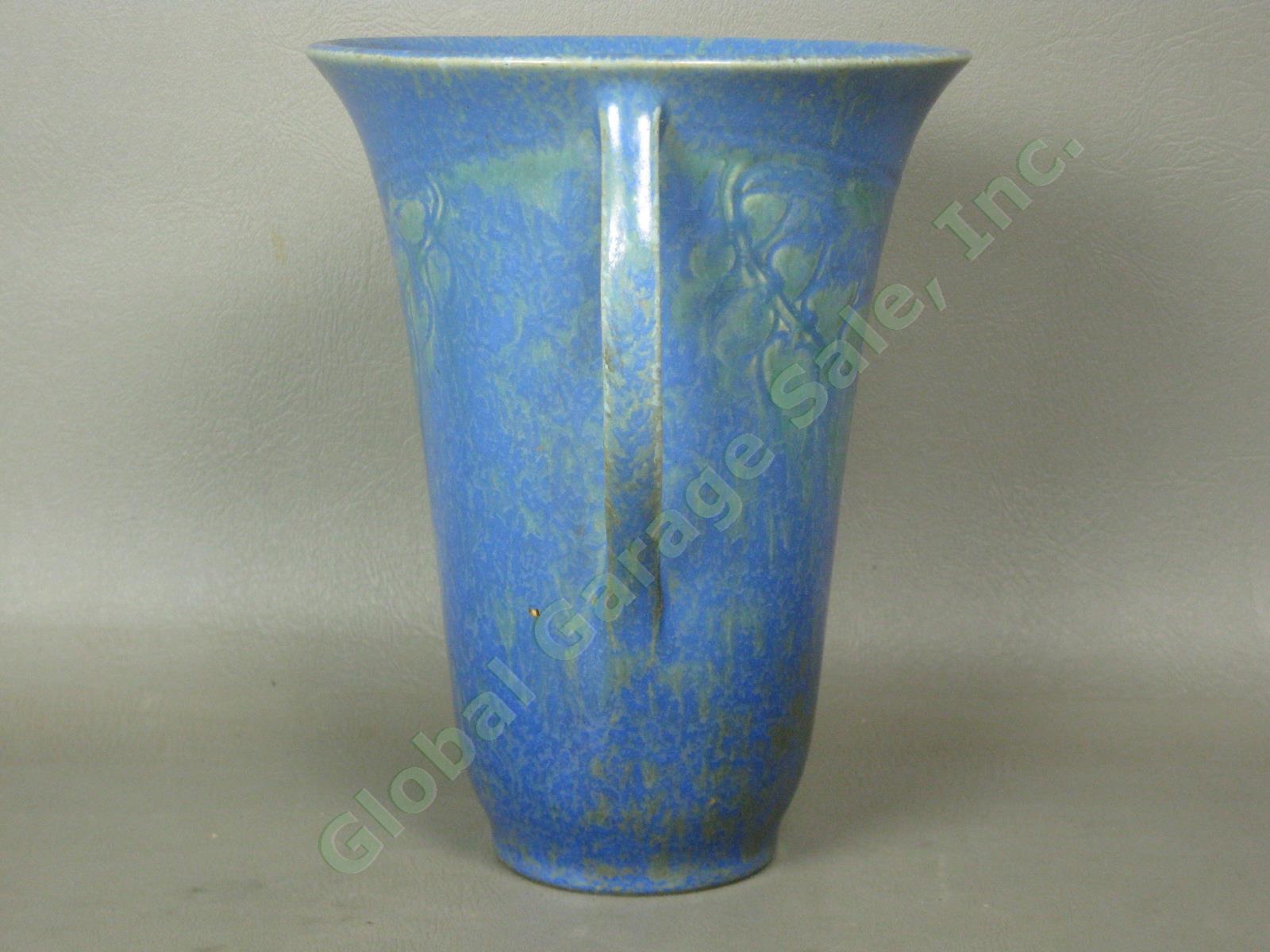 Vintage 1920s-1930s Roseville Pottery Mottled Blue Green Vase Paper Label NO RES 3