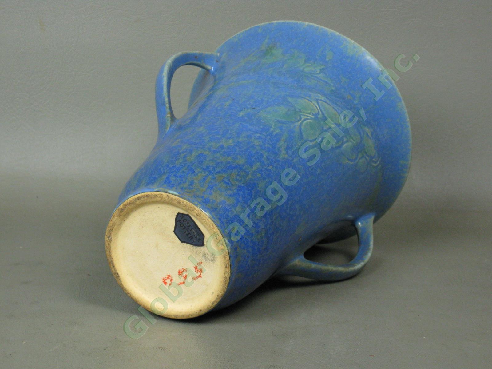 Vintage 1920s-1930s Roseville Pottery Mottled Blue Green Vase Paper Label NO RES 5