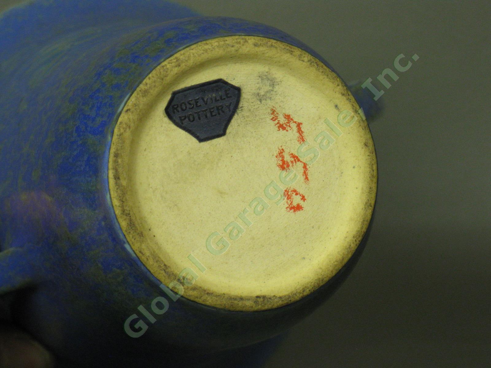 Vintage 1920s-1930s Roseville Pottery Mottled Blue Green Vase Paper Label NO RES 6