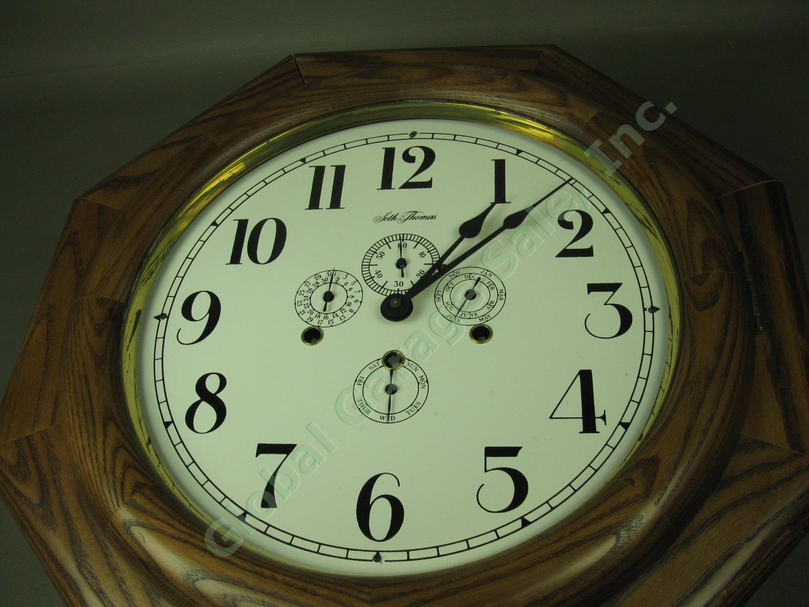 Seth Thomas Wooden Long Drop Octagon Chime Calendar Pendulum Wall Clock 43" x18" 1