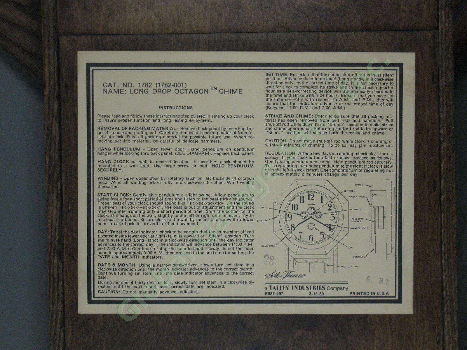 Seth Thomas Wooden Long Drop Octagon Chime Calendar Pendulum Wall Clock 43" x18" 8