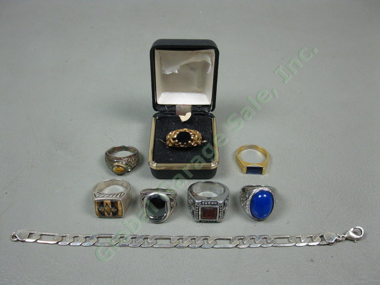 7 Vtg Mens Ring + Bracelet Jewelry Lot Sterling Silver 14K 18K Gold GE HGE GP EP