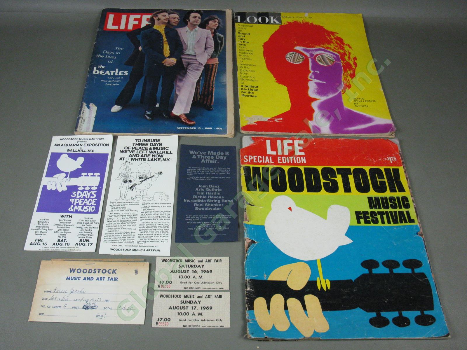 Woodstock Tickets Brochure Flyer Magazine Lot + 1968 Beatles Life Look Avedon NR