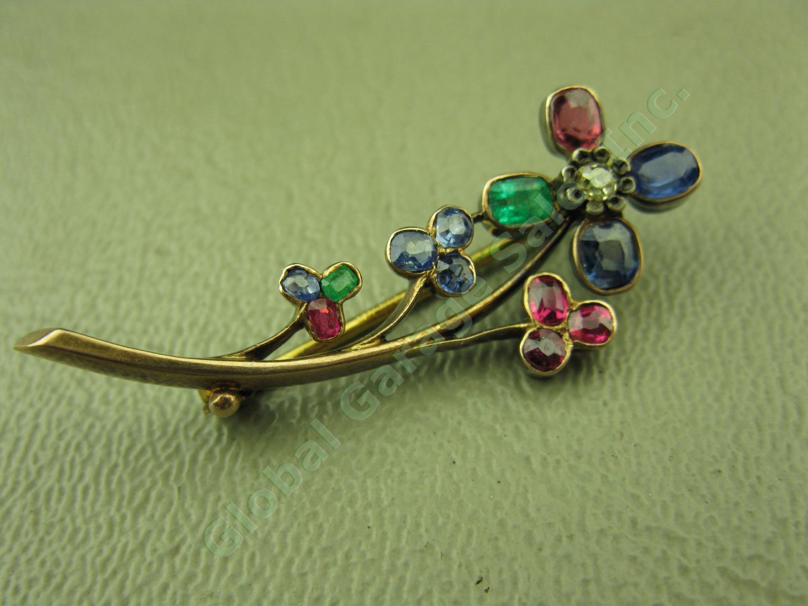 Vtg Antique Floral Gold Ceylon Sapphire Ruby Emerald Diamond Pin Brooch $1800 NR