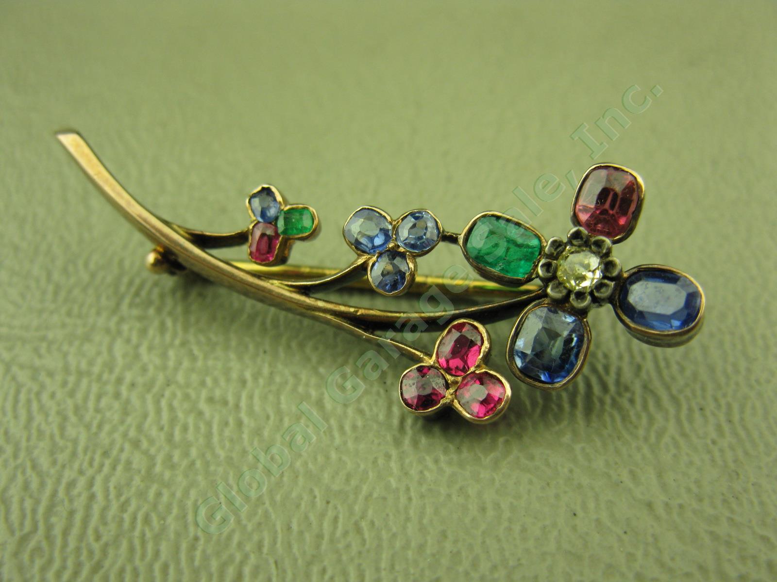 Vtg Antique Floral Gold Ceylon Sapphire Ruby Emerald Diamond Pin Brooch $1800 NR 1