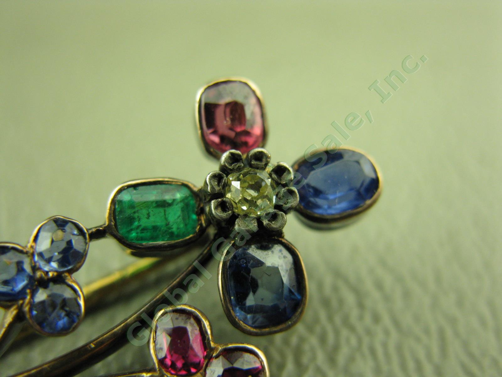 Vtg Antique Floral Gold Ceylon Sapphire Ruby Emerald Diamond Pin Brooch $1800 NR 2