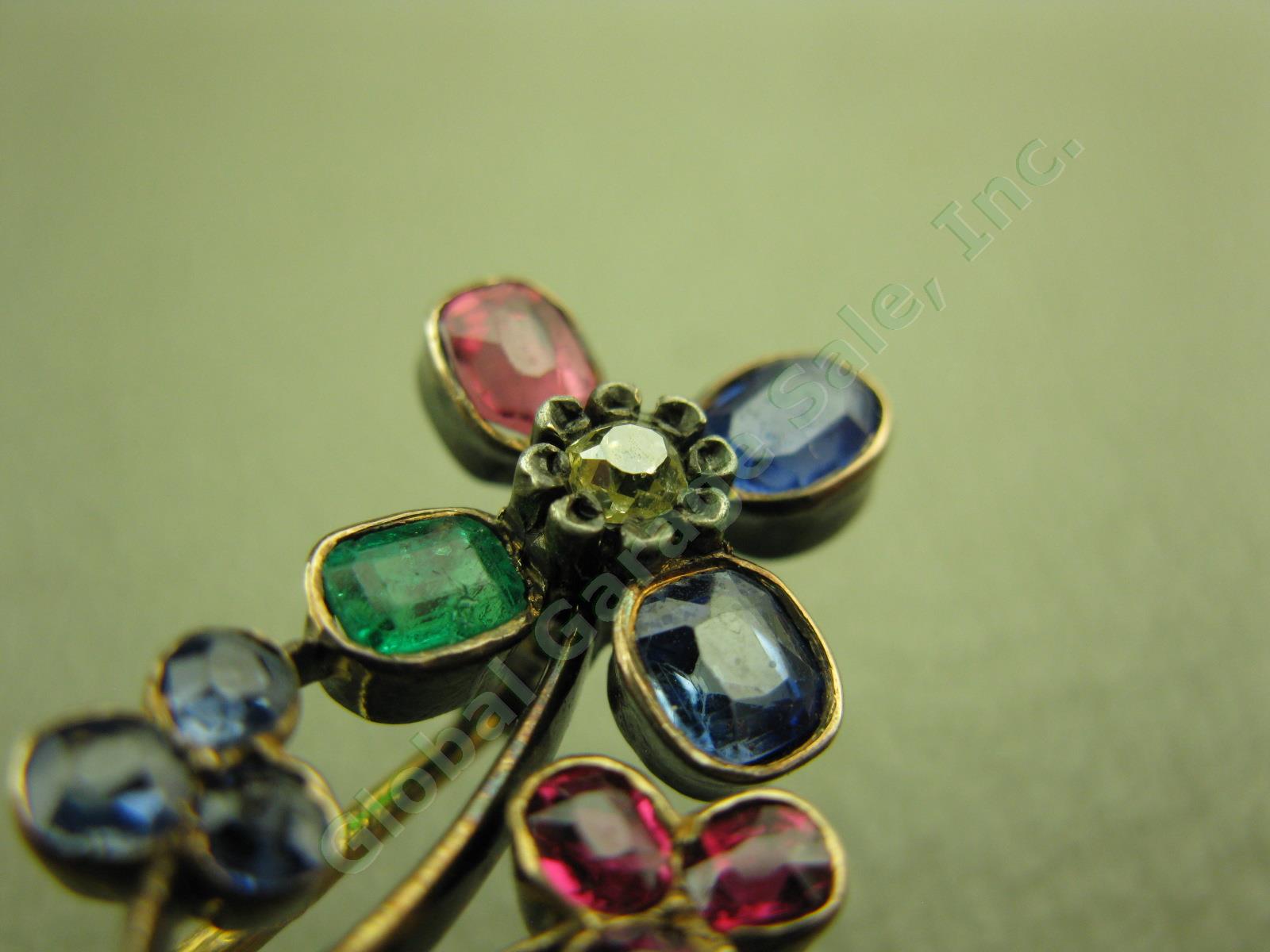 Vtg Antique Floral Gold Ceylon Sapphire Ruby Emerald Diamond Pin Brooch $1800 NR 3