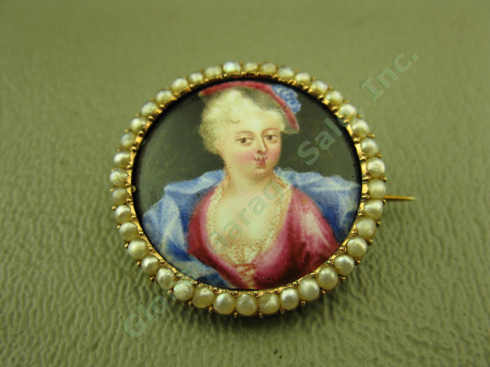 Vtg Antique Victorian Hand Painted Miniature Portrait Gold Seed Pearl Pin Brooch