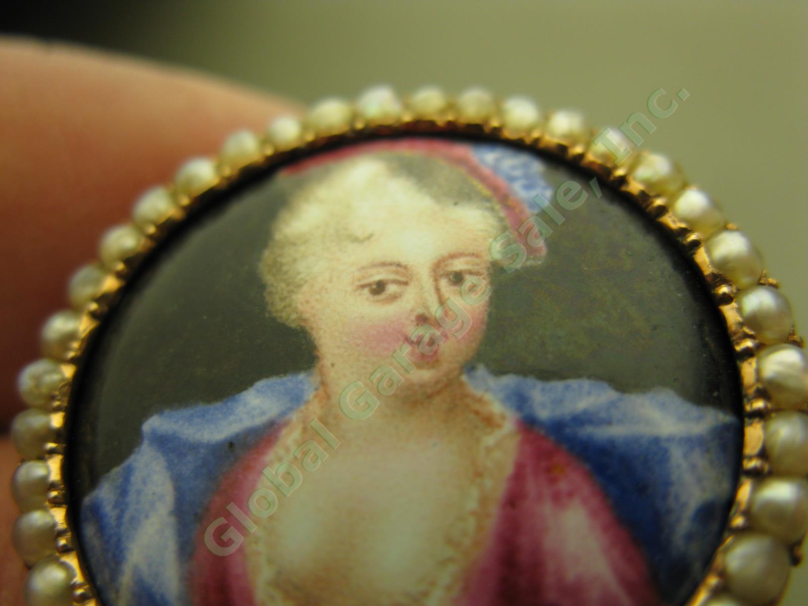 Vtg Antique Victorian Hand Painted Miniature Portrait Gold Seed Pearl Pin Brooch 1