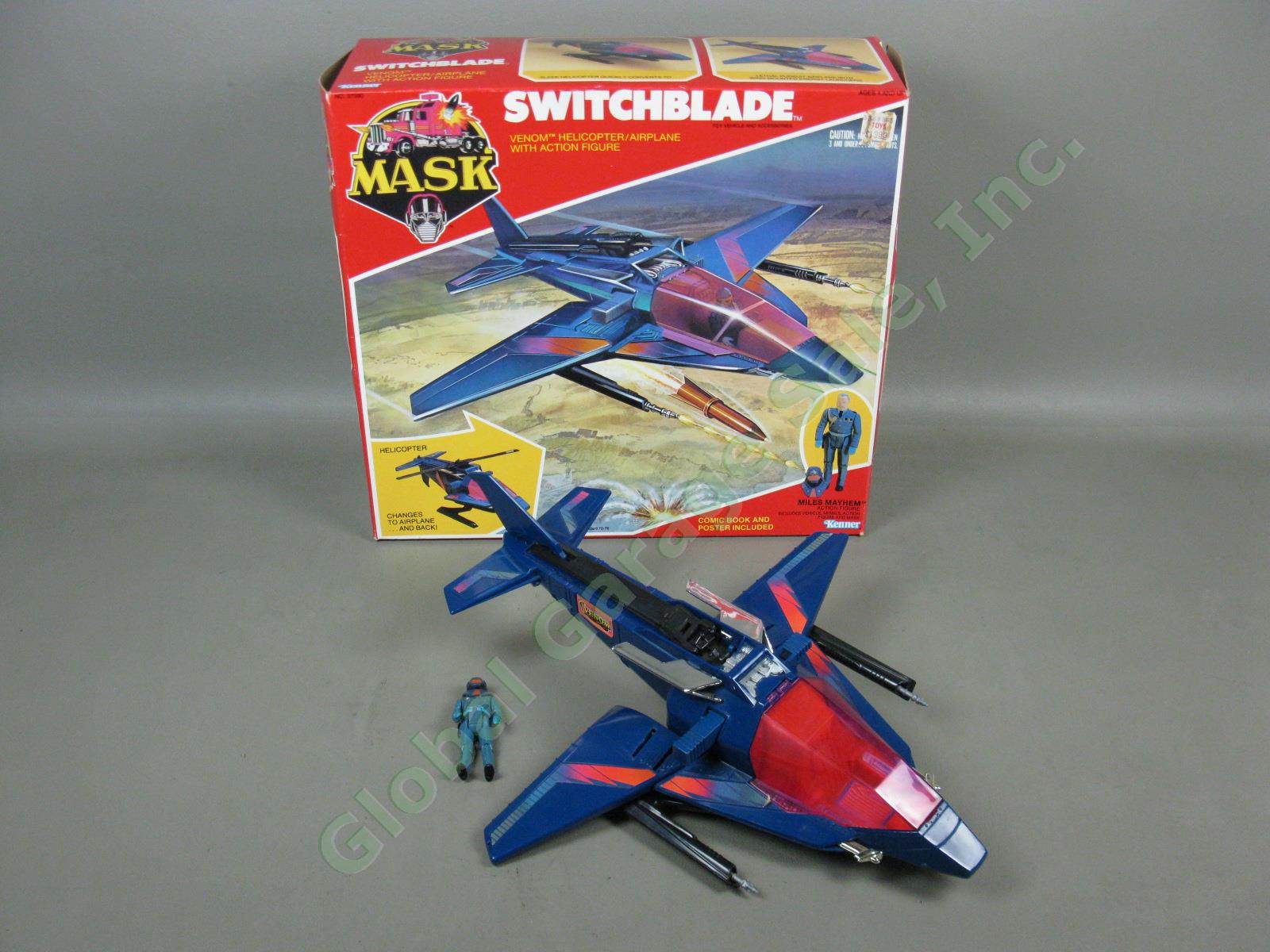 Kenner MASK Switchblade Venom Helicopter Plane Vehicle + Miles Mayhem Figure Box