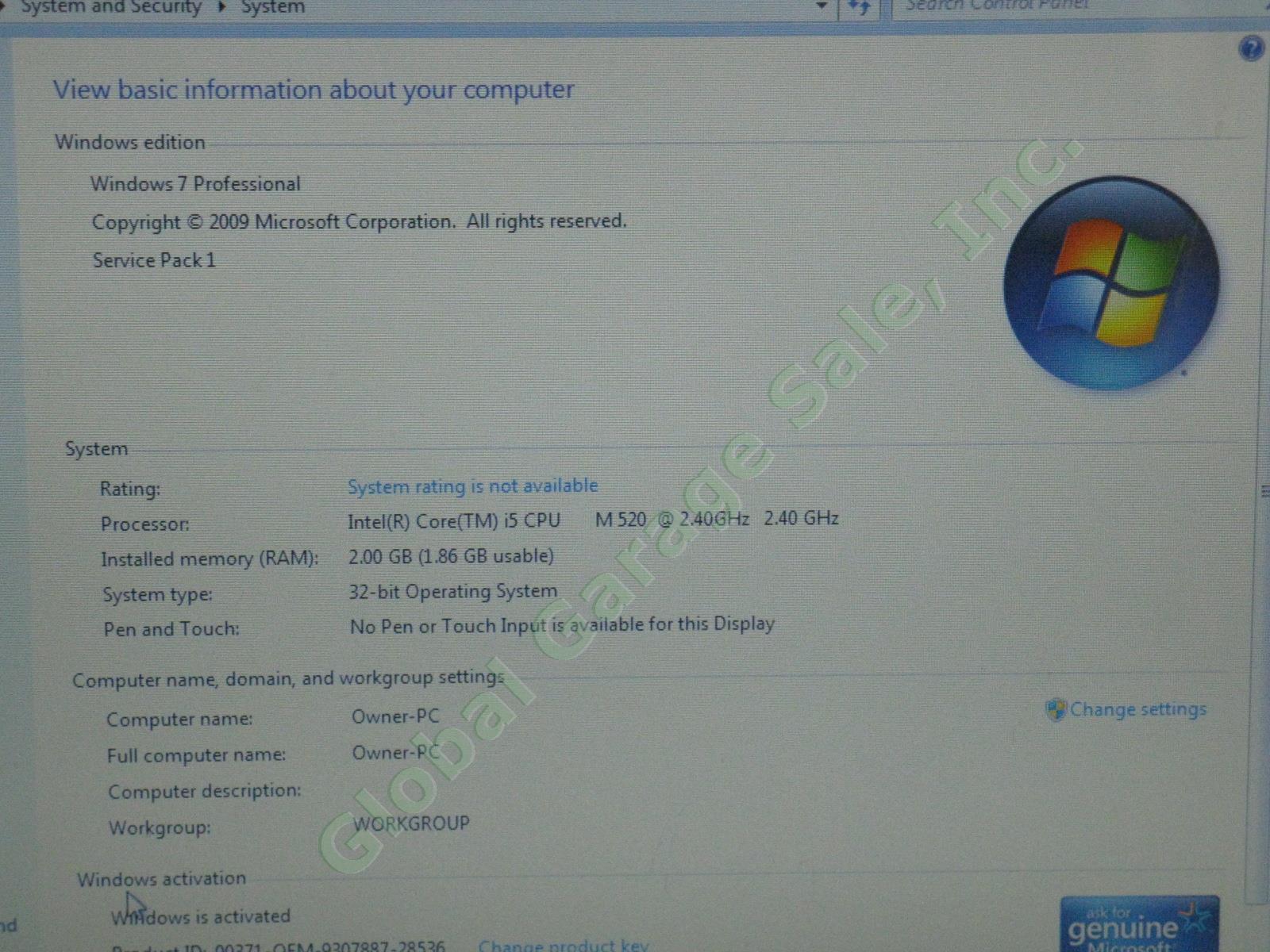 HP 4520s ProBook Laptop Computer Intel Core i5 M520 2.40GHz 2GB Windows 7 Pro NR 1