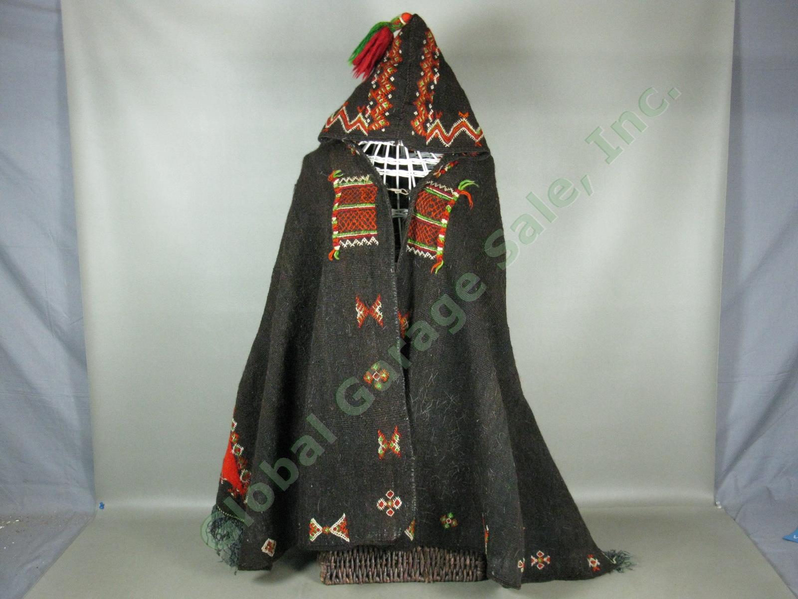 Vtg 1970s Moroccan Berber Tribal Woven Wool Hooded Akhnif Cloak Cape Textile