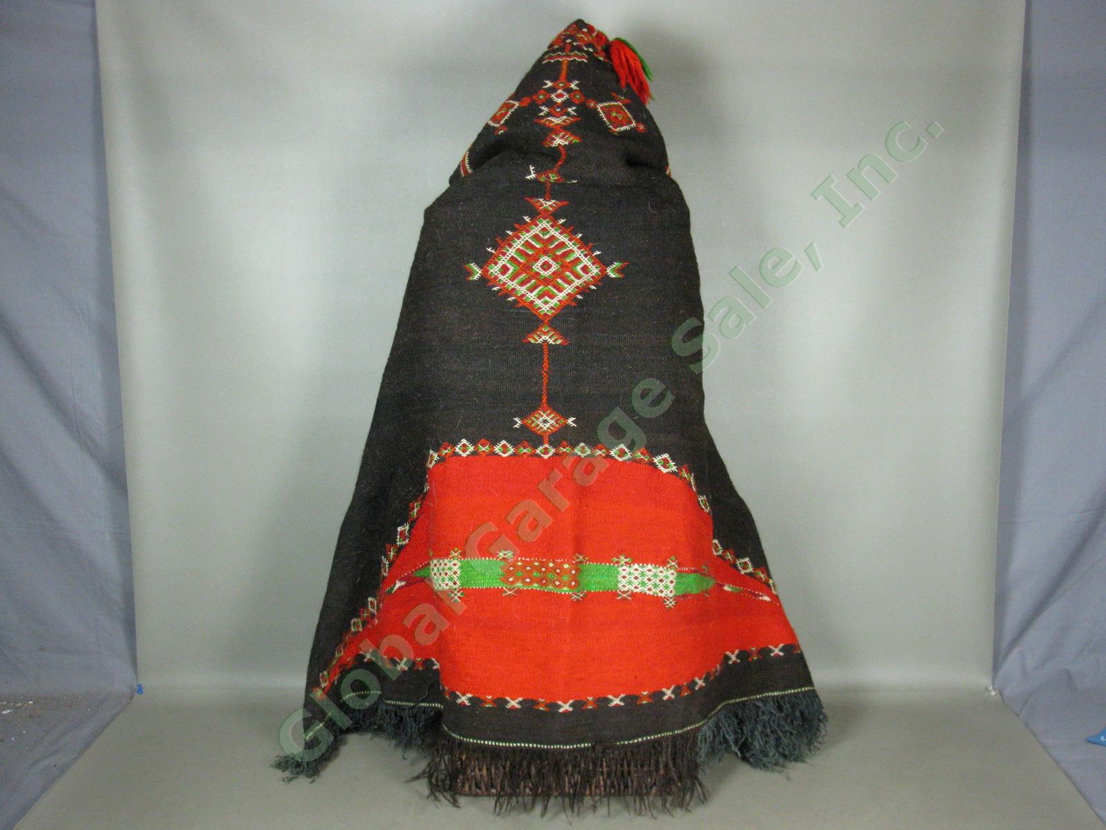 Vtg 1970s Moroccan Berber Tribal Woven Wool Hooded Akhnif Cloak Cape Textile 3
