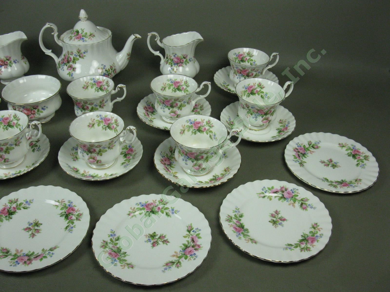 Vtg Royal Albert Moss Rose Bone China Tea Set Lot Teapot Cups Creamer Sugar Bowl 2