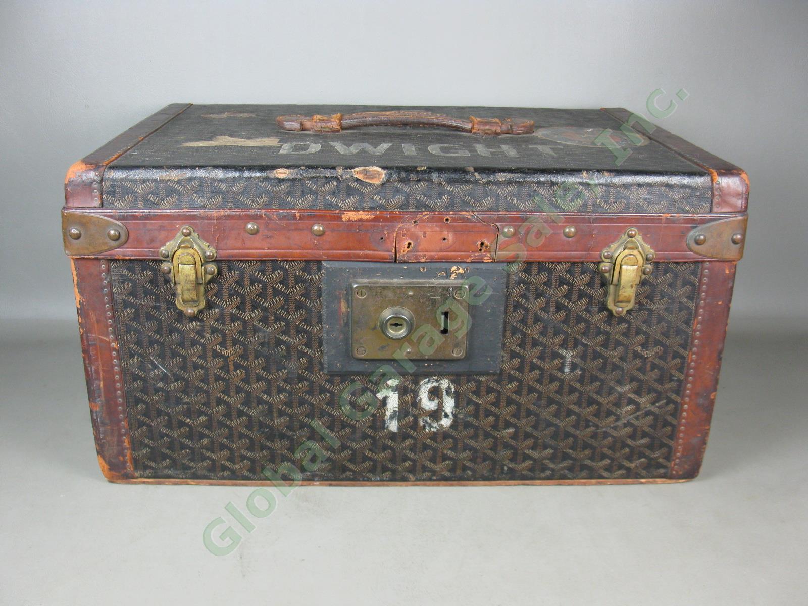 RARE Vtg Antique Goyard Steamer Trunk Leather + Brass w/Hotel + Steamship Labels