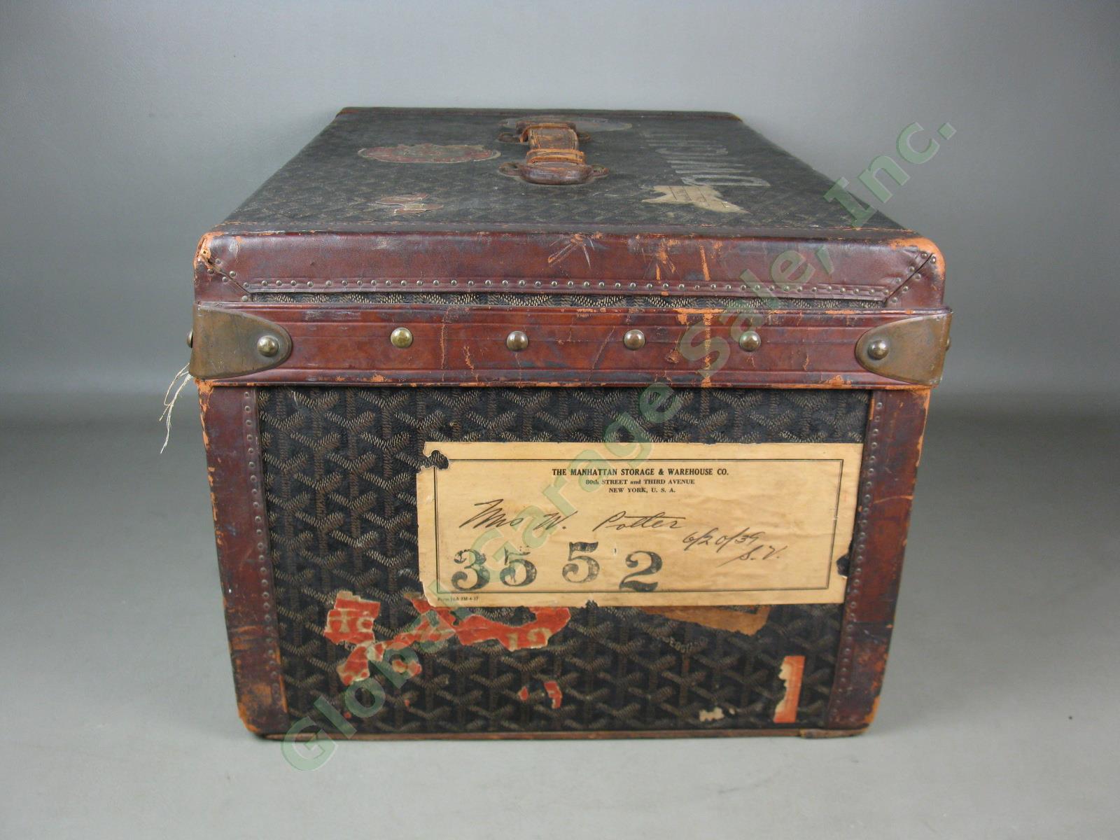 RARE Vtg Antique Goyard Steamer Trunk Leather + Brass w/Hotel + Steamship Labels 1