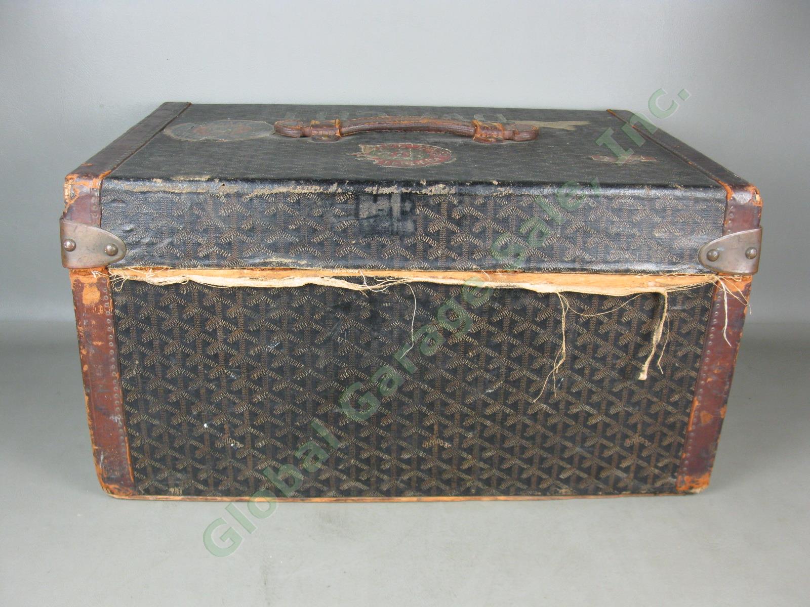 RARE Vtg Antique Goyard Steamer Trunk Leather + Brass w/Hotel + Steamship Labels 2