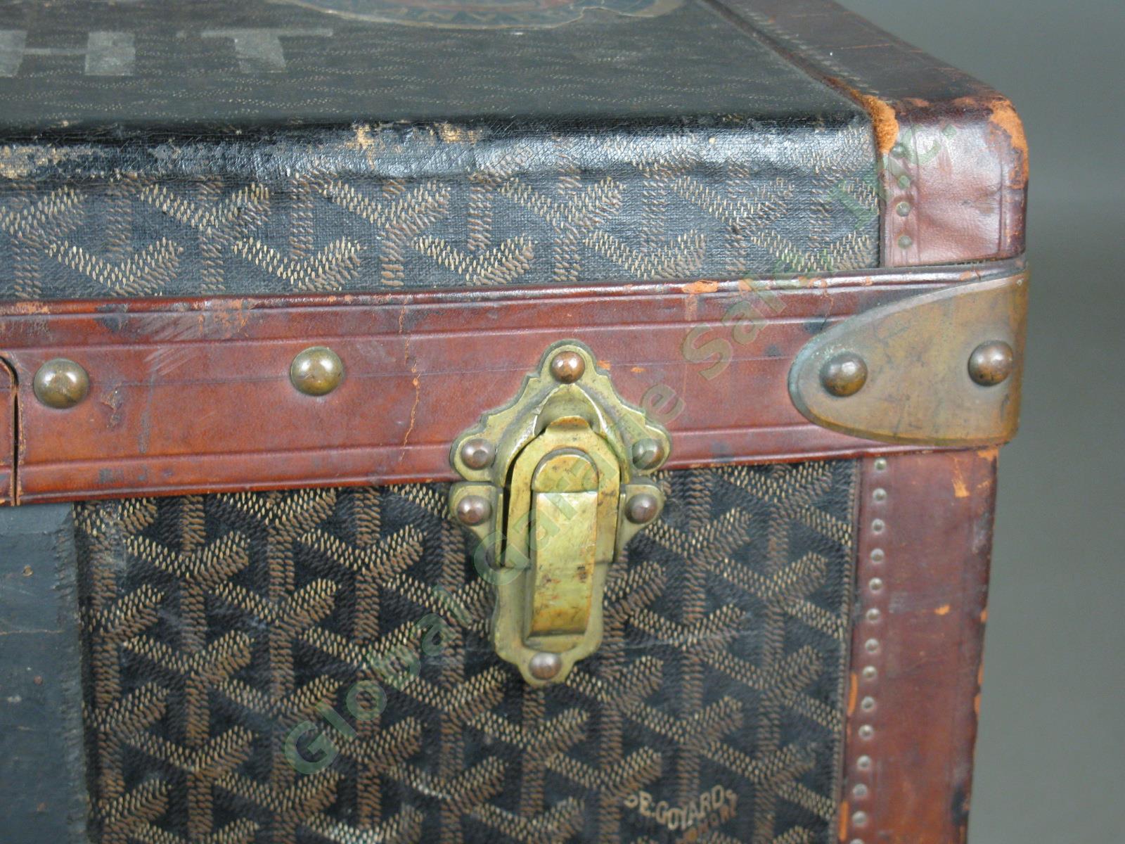 RARE Vtg Antique Goyard Steamer Trunk Leather + Brass w/Hotel + Steamship Labels 6
