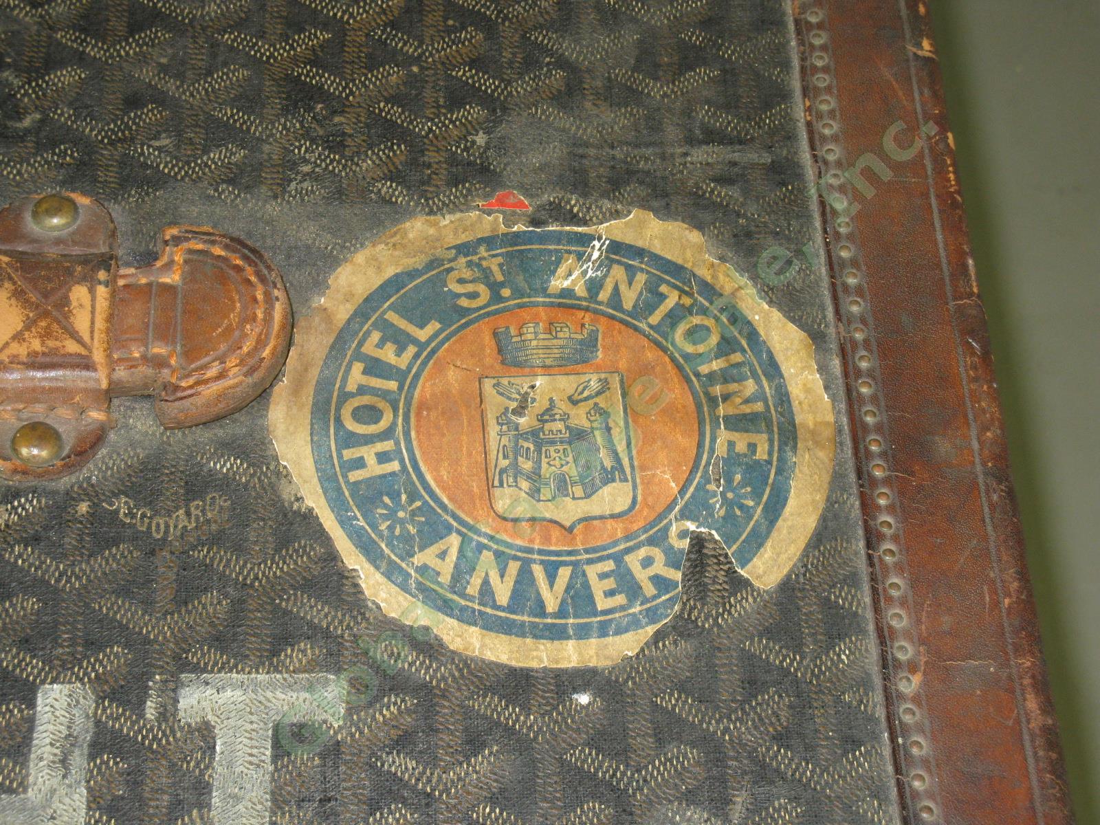 RARE Vtg Antique Goyard Steamer Trunk Leather + Brass w/Hotel + Steamship Labels 7