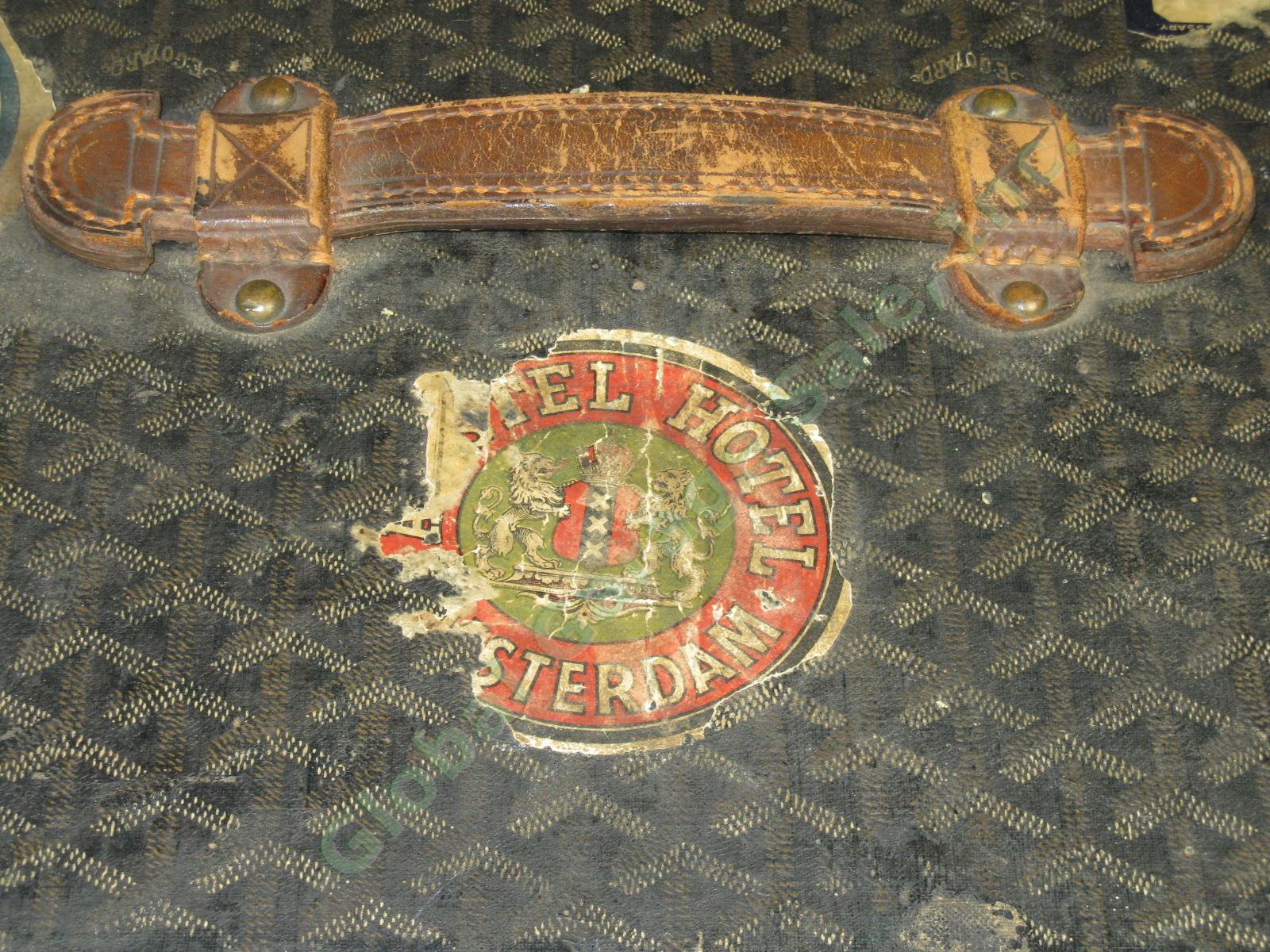 RARE Vtg Antique Goyard Steamer Trunk Leather + Brass w/Hotel + Steamship Labels 8