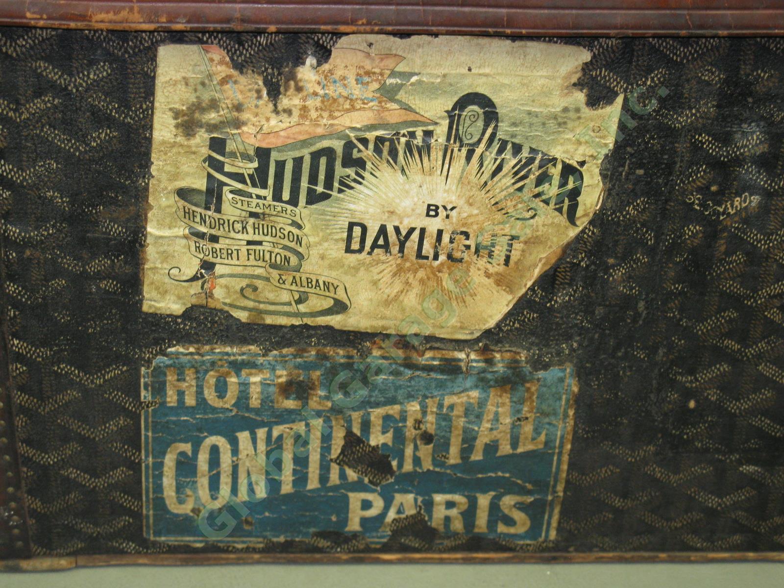 RARE Vtg Antique Goyard Steamer Trunk Leather + Brass w/Hotel + Steamship Labels 9