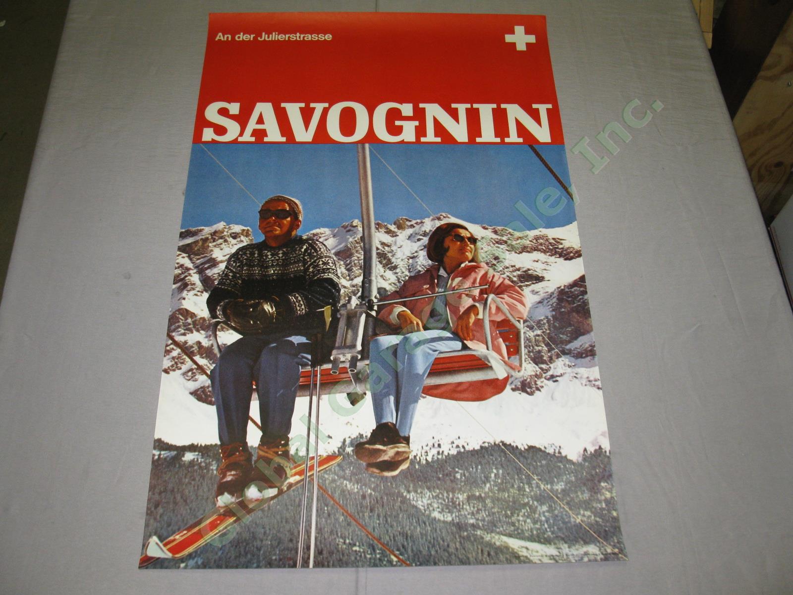 Vtg 1964 1960s Swiss Travel Ski Poster Savognin Resort Julier Pass Switzerland