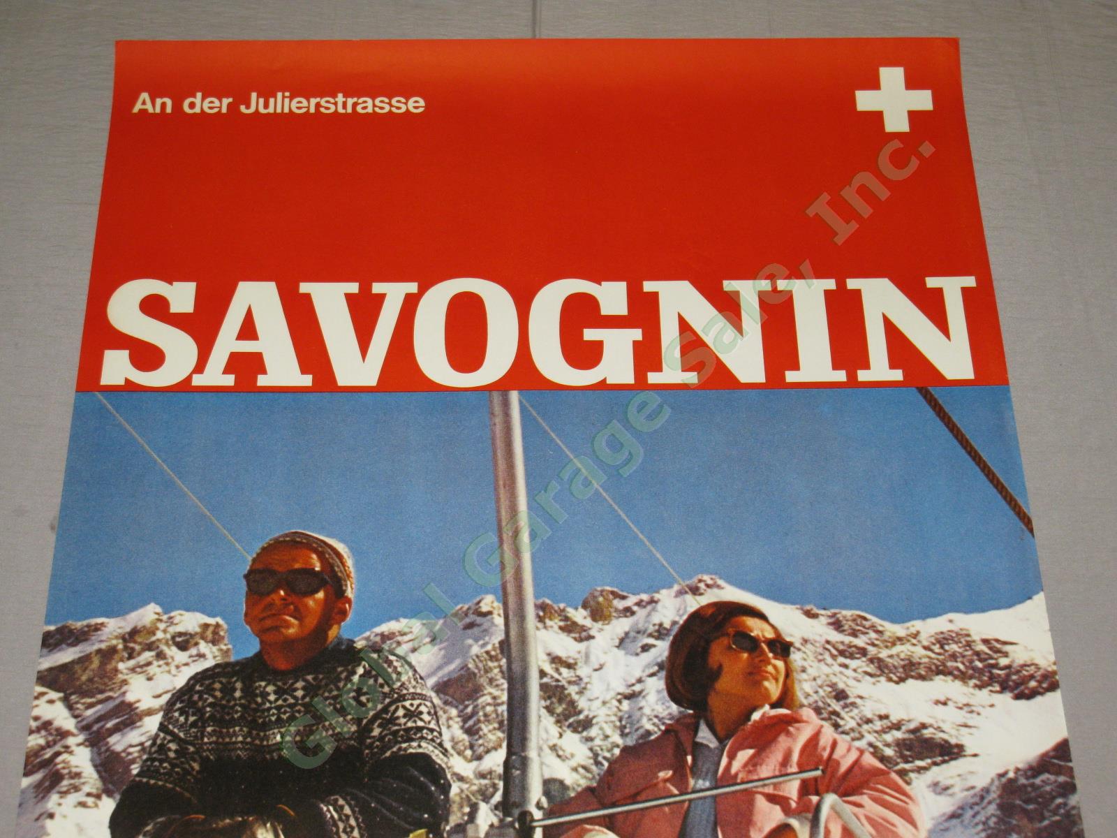 Vtg 1964 1960s Swiss Travel Ski Poster Savognin Resort Julier Pass Switzerland 1