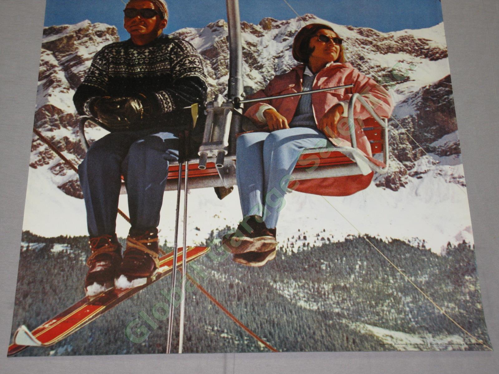 Vtg 1964 1960s Swiss Travel Ski Poster Savognin Resort Julier Pass Switzerland 2