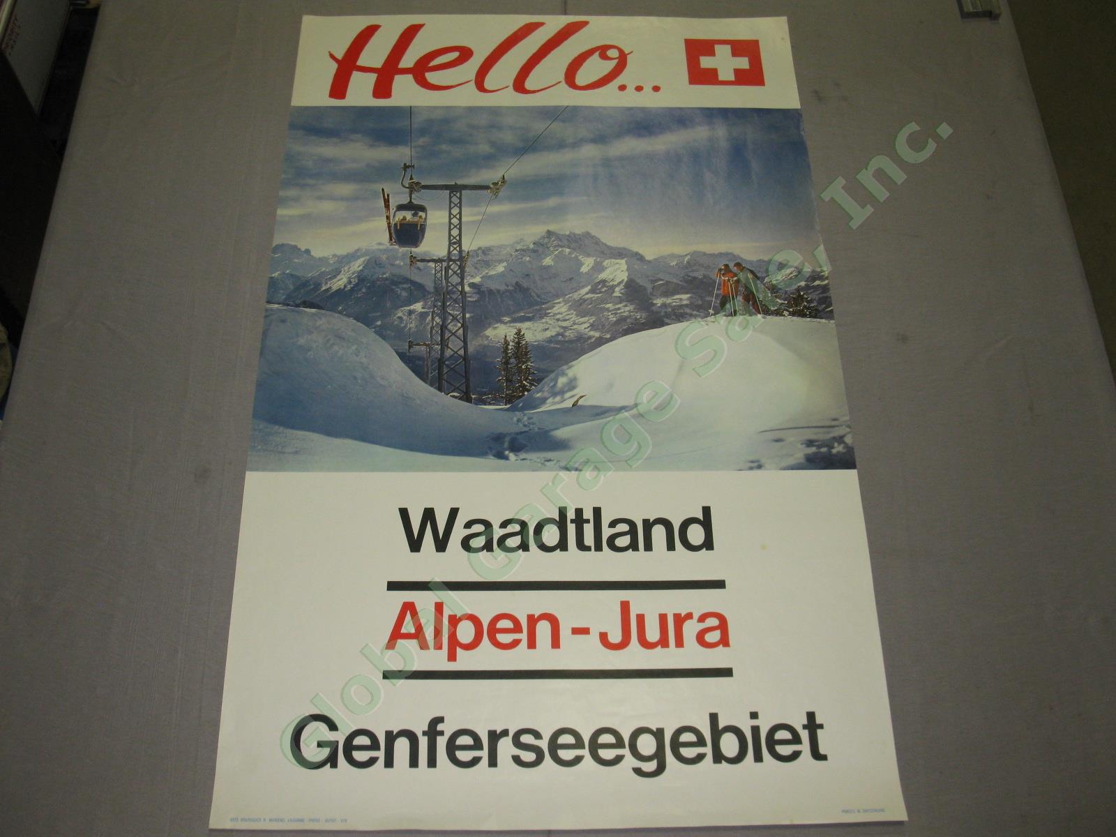 Vtg 1960s Swiss Travel Ski Poster Hello Switzerland Lake Geneva Vaud Cable Car