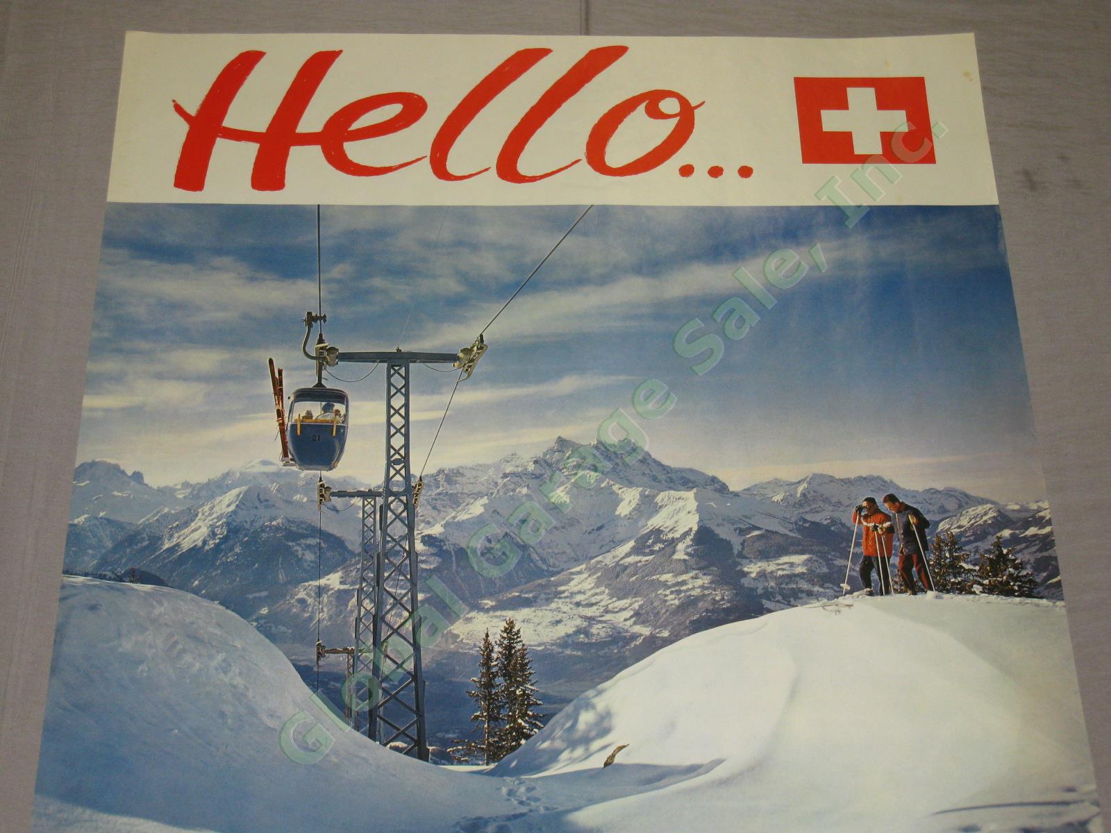 Vtg 1960s Swiss Travel Ski Poster Hello Switzerland Lake Geneva Vaud Cable Car 1