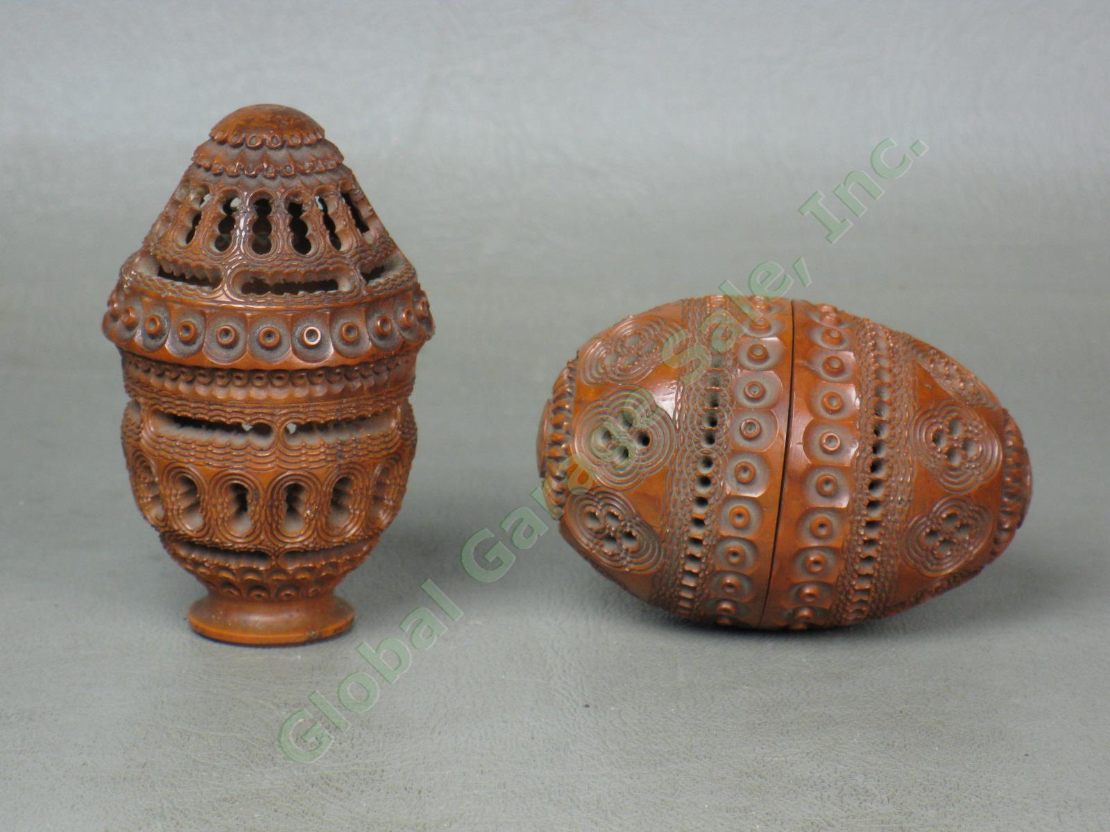 2 Vtg Antique Carved Coquilla Nut Eggs Sewing Thimble Needle Case Etui Lot NR!