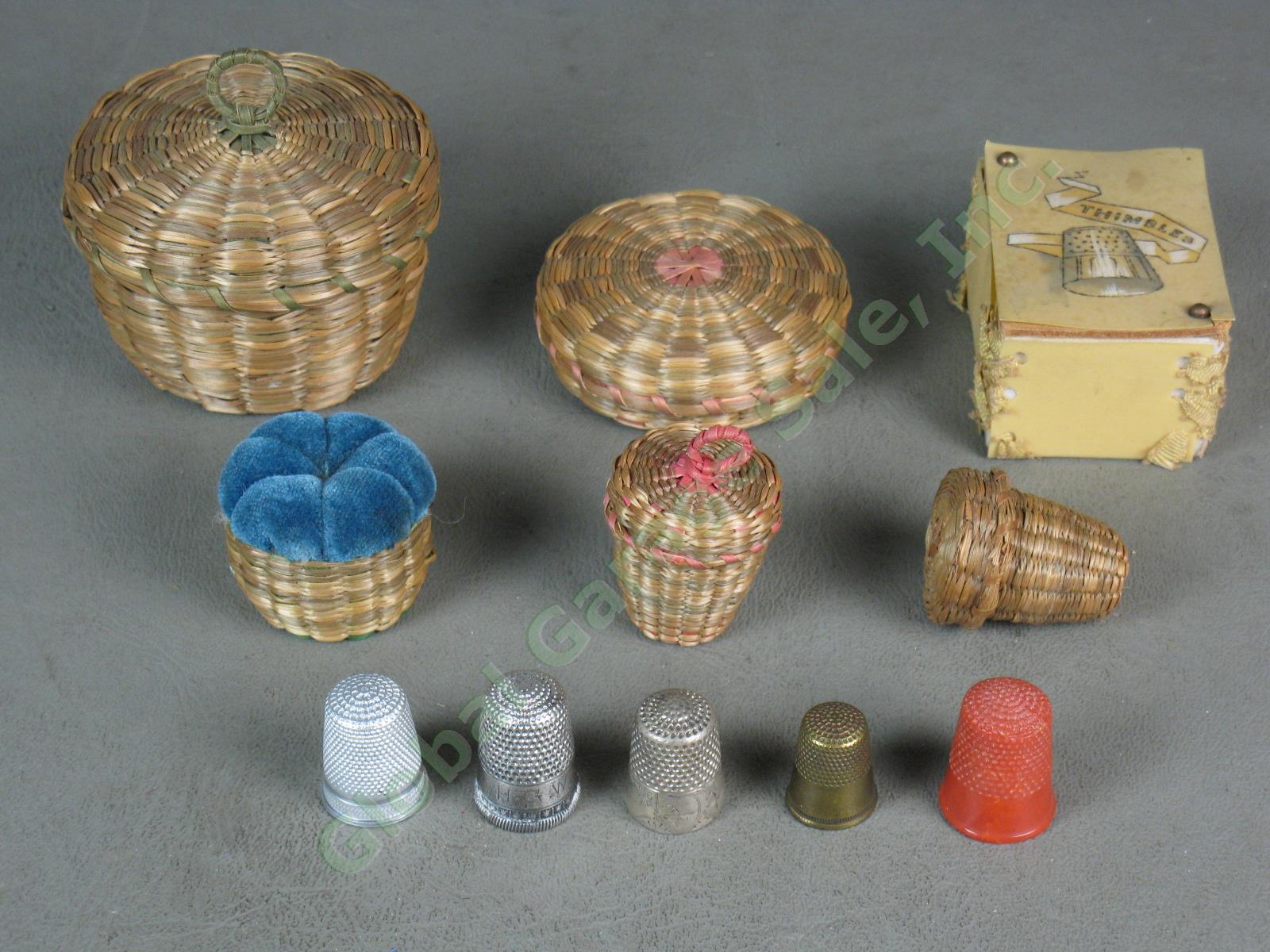 Vtg Antique Sewing Thimbles Sweetgrass Basket + Pincushion Lot Sterling Bakelite